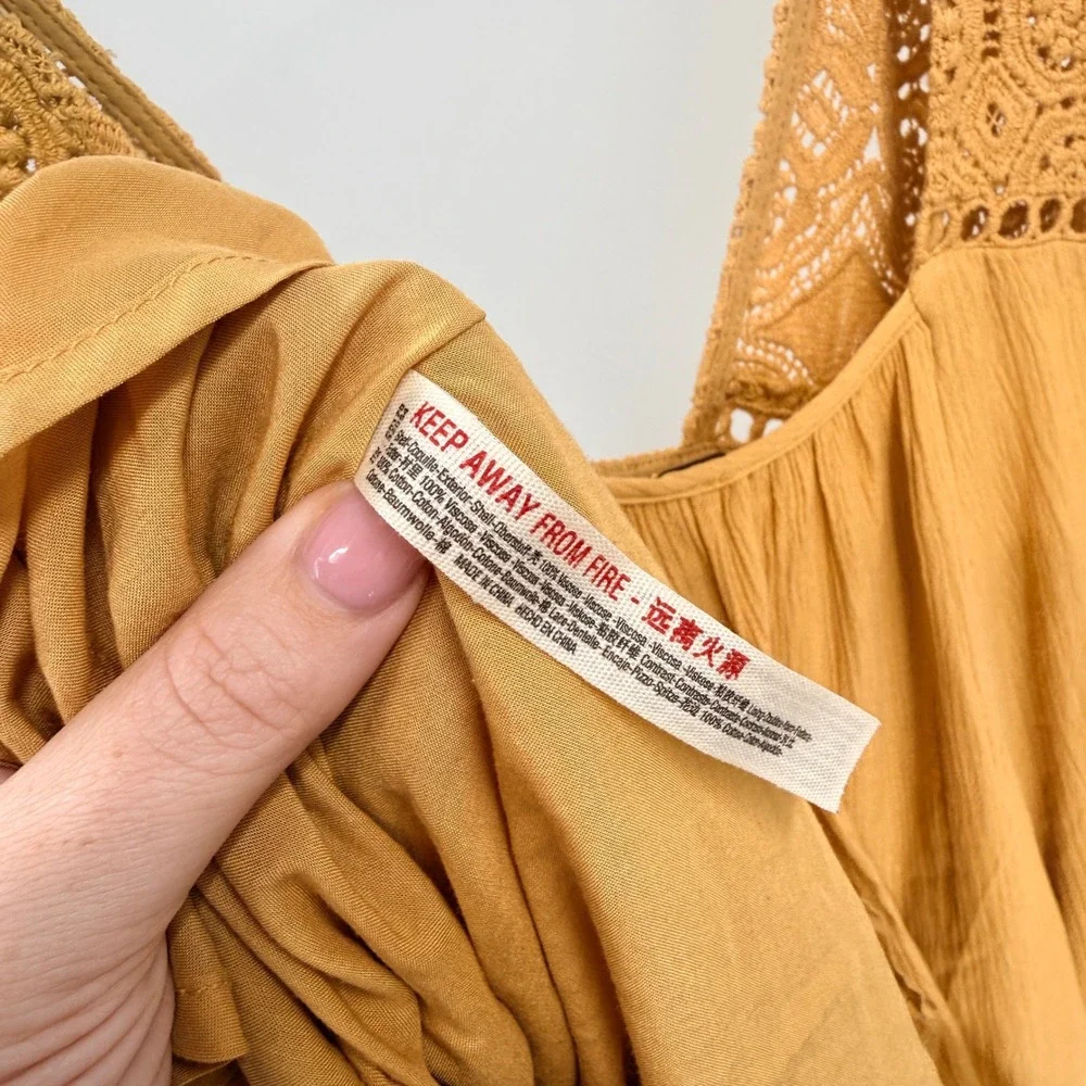 Free People Mustard Yellow Crochet Lace V-Neck Ruffle Mini Dress Womens Medium